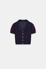 Veste en maille à col claudine et à manches courtes