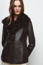 Veste en cuir à col en fourrure ZW Collection Édition limitée